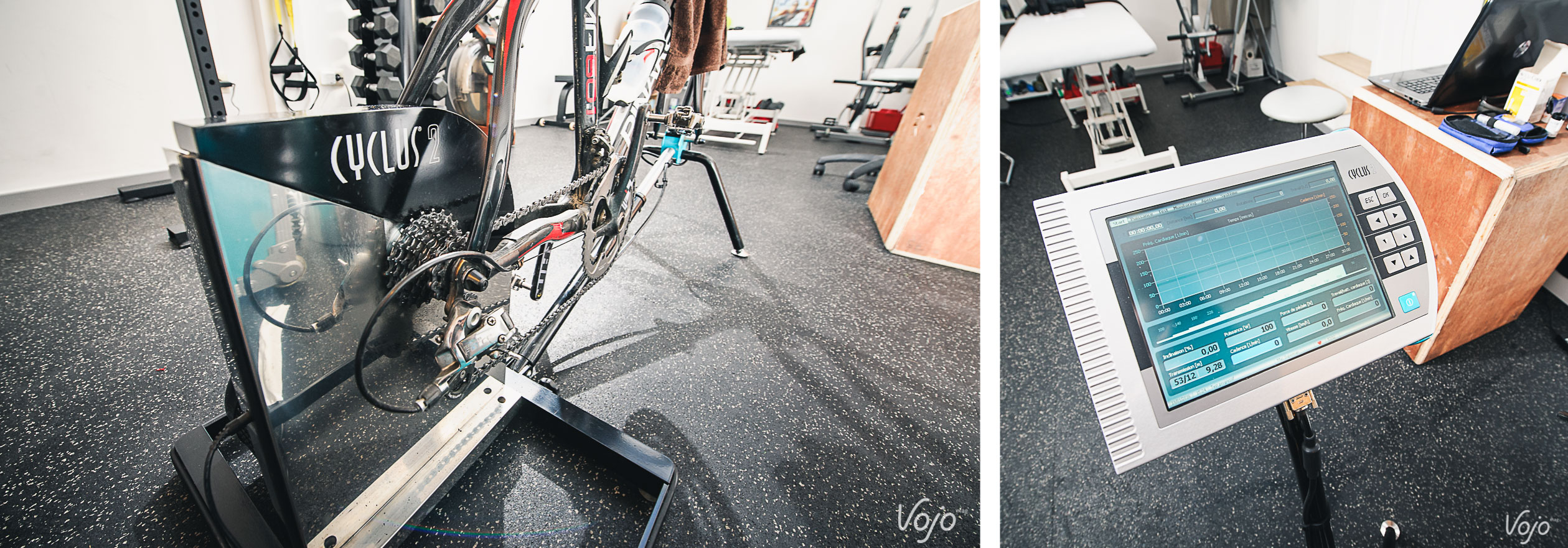 Pour la réalisation d'un test à l'effort, le vélo est monté sur un ergomètre. Ici, le Cyclus 2, véritable référence en la matière, réputé pour sa précision.