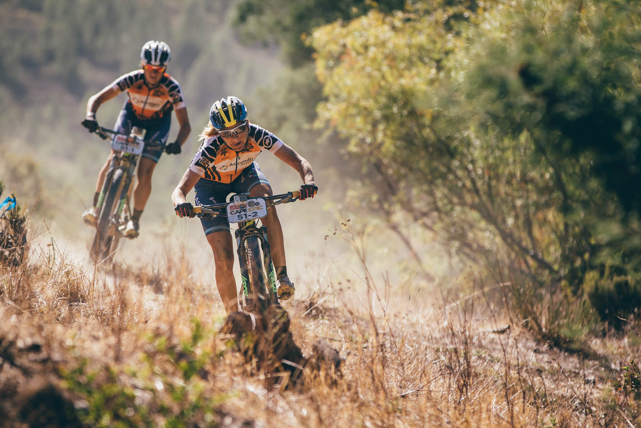 Leading womens team Ascendis Health's Robyn de Groot and Jennie Stenerhag on their way to victory during stage 1 of the 2016 Absa Cape Epic Mountain Bike stage race held from Saronsberg Wine Estate in Tulbagh, South Africa on the 14th March 2016 Photo by Ewald Sadie/Cape Epic/SPORTZPICS PLEASE ENSURE THE APPROPRIATE CREDIT IS GIVEN TO THE PHOTOGRAPHER AND SPORTZPICS ALONG WITH THE ABSA CAPE EPIC ace2016