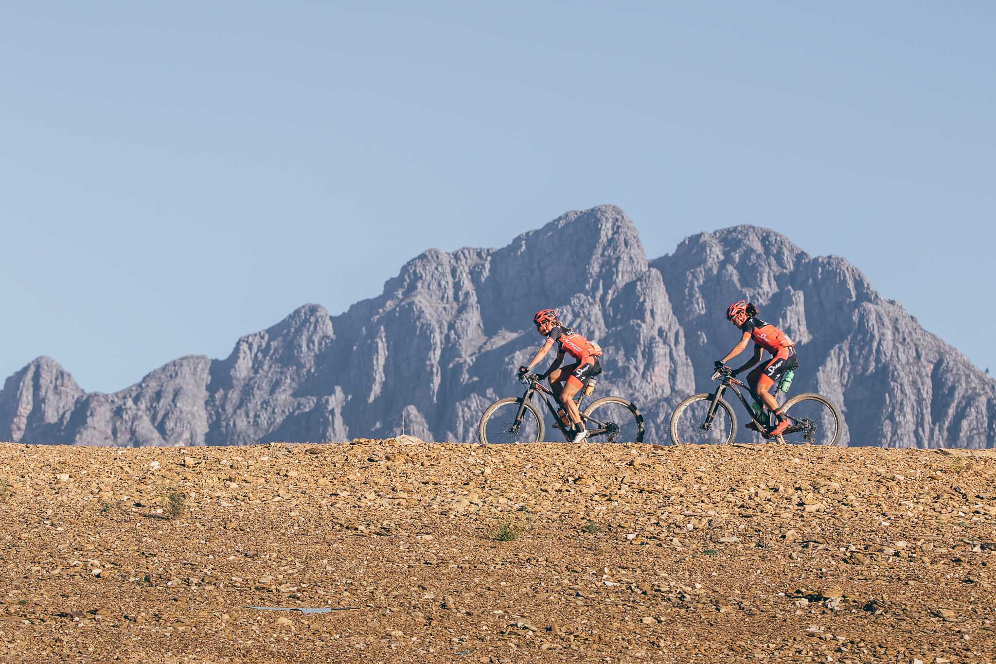 Team Spur-Specialized's Annika Langvad and Ariane Kleinhans leading most of the way, however settling for second position on the day, during stage 1 of the 2016 Absa Cape Epic Mountain Bike stage race held from Saronsberg Wine Estate in Tulbagh, South Africa on the 14th March 2016 Photo by Ewald Sadie/Cape Epic/SPORTZPICS PLEASE ENSURE THE APPROPRIATE CREDIT IS GIVEN TO THE PHOTOGRAPHER AND SPORTZPICS ALONG WITH THE ABSA CAPE EPIC {ace2016}