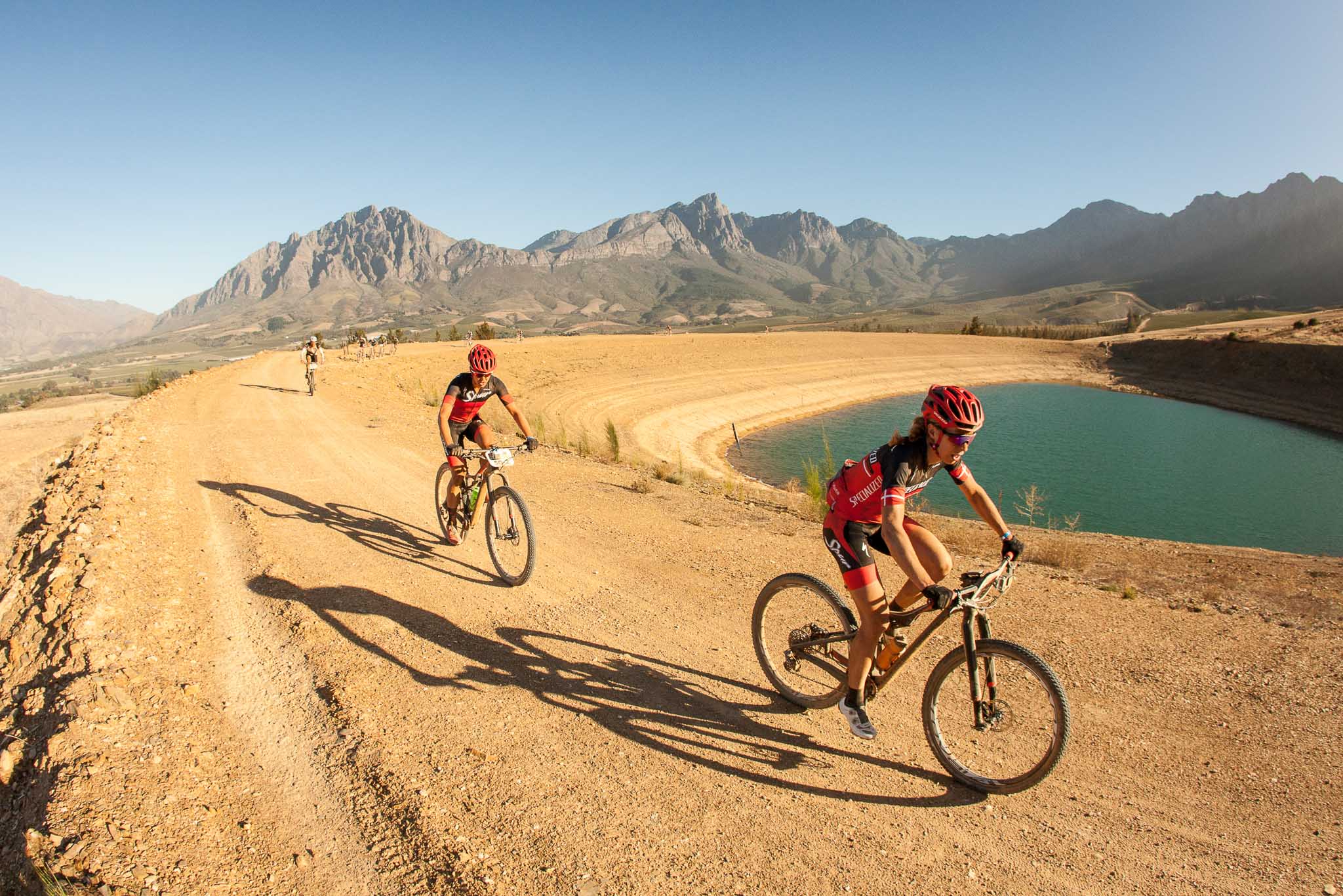 Ariane Kleinhans (R) and Annika Langvad (L) during stage 1 of the 2016 Absa Cape Epic Mountain Bike stage race held from Saronsberg Wine Estate in Tulbagh, South Africa on the 14th March 2016 Photo by Sam Clark/Cape Epic/SPORTZPICS PLEASE ENSURE THE APPROPRIATE CREDIT IS GIVEN TO THE PHOTOGRAPHER AND SPORTZPICS ALONG WITH THE ABSA CAPE EPIC {ace2016}