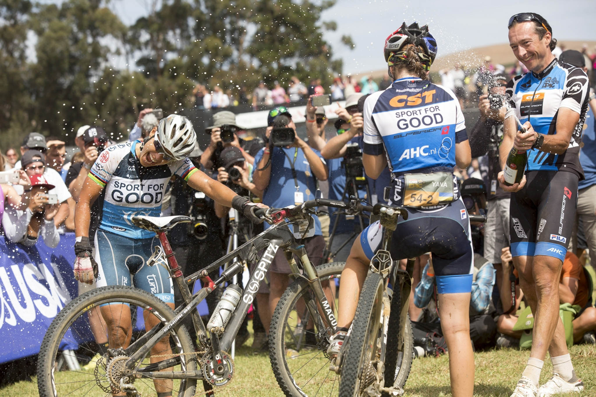 Sabine Spitz and Yana Belomoina win the final stage (stage 7) of the 2016 Absa Cape Epic Mountain Bike stage race from Boschendal in Stellenbosch to Meerendal Wine Estate in Durbanville, South Africa on the 20th March 2016 Photo by Sam Clark/Cape Epic/SPORTZPICS PLEASE ENSURE THE APPROPRIATE CREDIT IS GIVEN TO THE PHOTOGRAPHER AND SPORTZPICS ALONG WITH THE ABSA CAPE EPIC ace2016