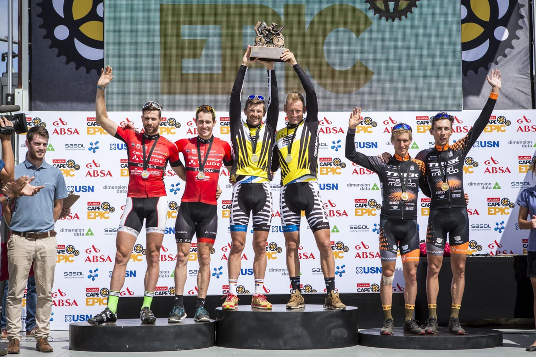 The overall mens podium of (L) Nicola Rohrbach and Matthias Pfommer of Team Centurion Vaude by Meerendal 2, (c) Karl Platt and Urs Huber of Team Bulls 1 and (R) Samuele Porro and Damiano Ferraro of Team Trek-Selle San Marco A during the final stage (stage 7) of the 2016 Absa Cape Epic Mountain Bike stage race from Boschendal in Stellenbosch to Meerendal Wine Estate in Durbanville, South Africa on the 20th March 2016 Photo by Nick Muzik/Cape Epic/SPORTZPICS PLEASE ENSURE THE APPROPRIATE CREDIT IS GIVEN TO THE PHOTOGRAPHER AND SPORTZPICS ALONG WITH THE ABSA CAPE EPIC ace2016