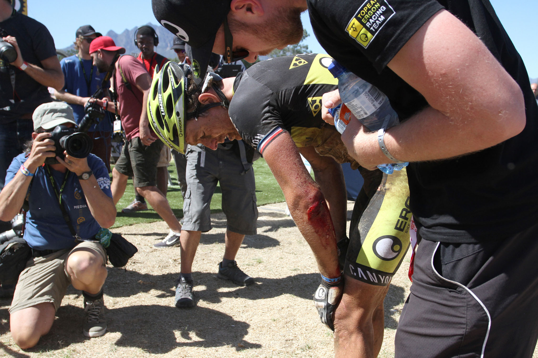Kristian Hynek of Topeak Ergon Racing after finishing stage 3 with an injured arm after a crash during stage 3 of the 2016 Absa Cape Epic Mountain Bike stage race held from Saronsberg Wine Estate in Tulbagh to the Cape Peninsula University of Technology in Wellington, South Africa on the 16th March 2016 Photo by Shaun Roy/Cape Epic/SPORTZPICS PLEASE ENSURE THE APPROPRIATE CREDIT IS GIVEN TO THE PHOTOGRAPHER AND SPORTZPICS ALONG WITH THE ABSA CAPE EPIC {ace2016}